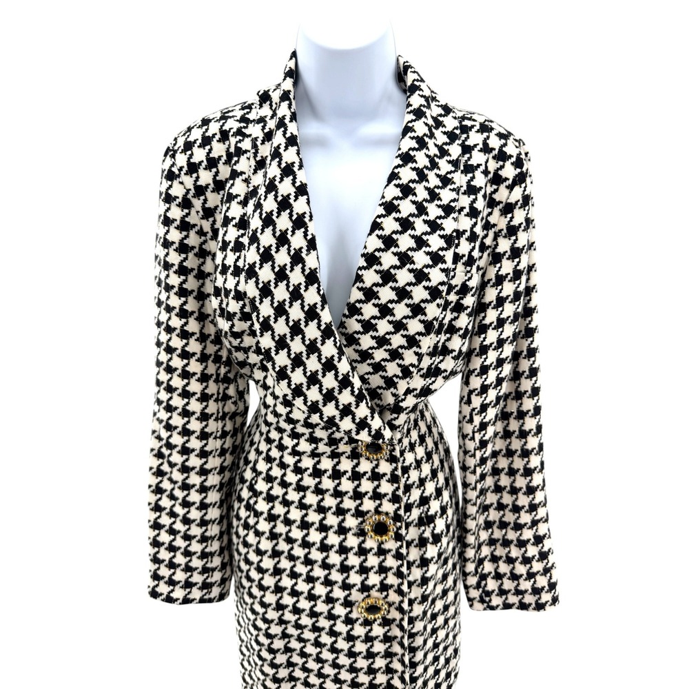 Vtg Geary Roark Kamisato Houndstooth Dress Coat Jacket Metallic Gold Button 10 - Picture 3 of 7